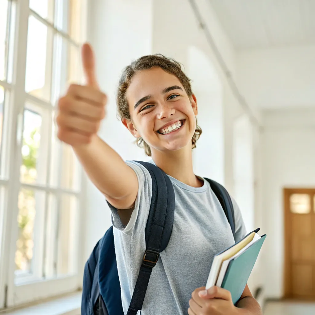 Smiling student giving a thumbs up